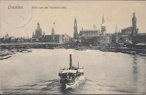 Dresden, Blick von der Marienbrücke, Dampfschiff, gelaufen 1912