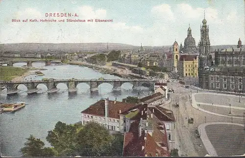 Dresden, Blick auf Hofkirche, Ständehaus mit Elbansicht, gelaufen 1908