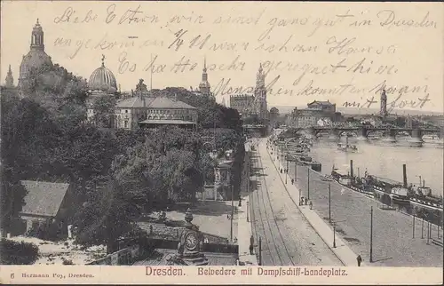 Dresden, Belvedere mit Dampfschiff Landeplatz, gelaufen 1905
