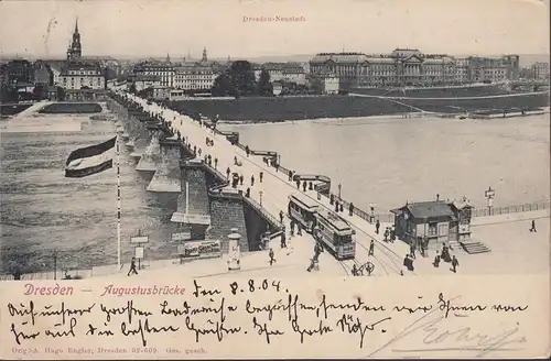 Dresden, Augustusbrücke, Straßenbahn, gelaufen 1904
