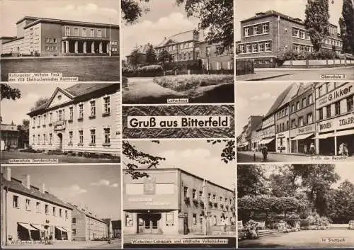 AK Bitterfeld, Willi Sachs Straße, Lichtspiele, Oberschule, Kurpalast, gelaufen 1961