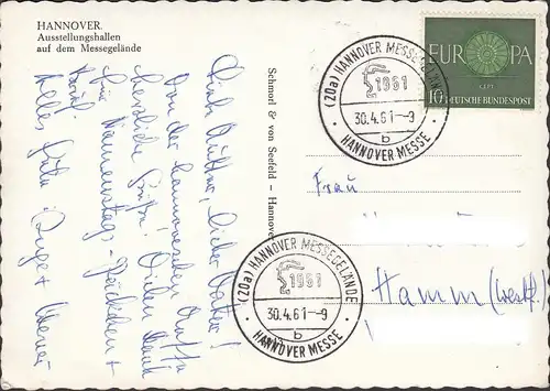 Hannover, Ausstellungshallen, Messegelände, Messestempel, gelaufen 1961