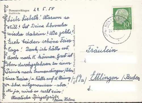 Donaueschingen, Stadtkirche, Brot- und Feinbäckerei, VW Käfer, gelaufen 1958