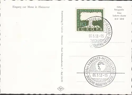 Hannover, Eingang zur Messe, Messestempel 1958, ungelaufen