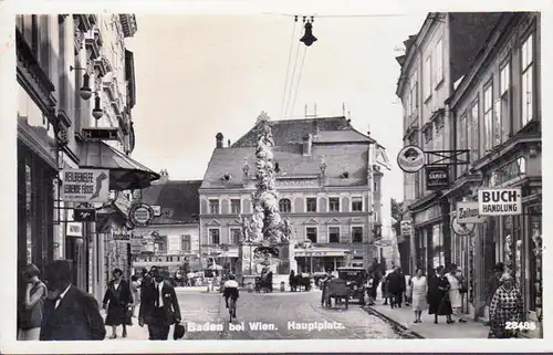 Baden bei Wien, Hauptplatz, Buchhandlung, Zeitungen, gelaufen 1933