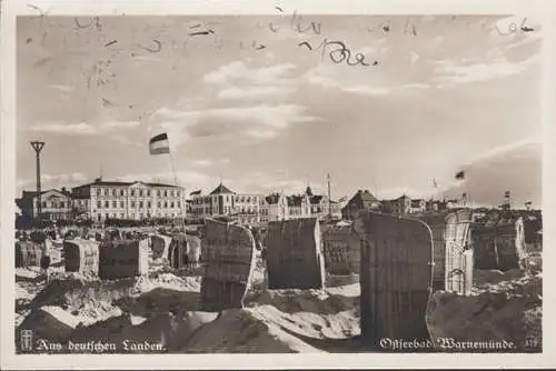 Warnemünde, Sonnige Stunde am Strand, Strandkörbe, gelaufen 1932