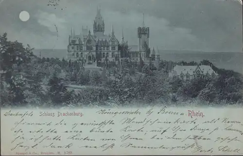 Königswinter, Schloss Drachenburg, Mondschein, gelaufen 1898
