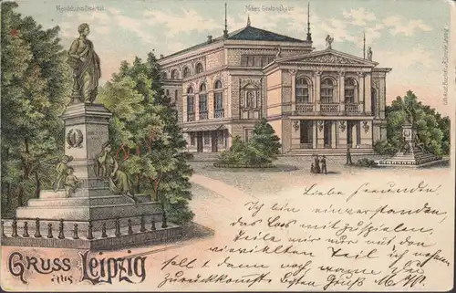 Gruss aus Leipzig, Mendelsohn Denkmal, Gewandhaus, gelaufen 1898