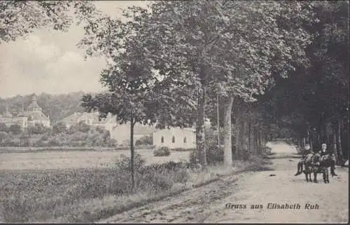 Gruss aus Elisabeth Ruh, Stadtansicht, Allee, Esel mit Wagen, gelaufen 1910