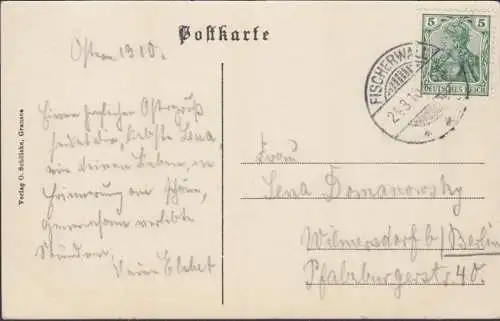 Gruss aus Elisabeth Ruh, Stadtansicht, Allee, Esel mit Wagen, gelaufen 1910