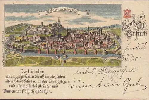 AK Gruss aus Alt Erfurt, Stadtansicht von 1730, gelaufen 1898