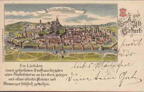 Gruss aus Alt Erfurt, Stadtansicht 1730, gelaufen 1898