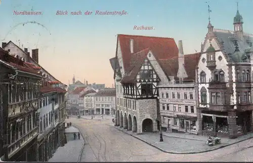 Nordhausen, Blick nach der Rautenstraße, Rathaus, Eggebrecht Goldwaren, gelaufen 1911
