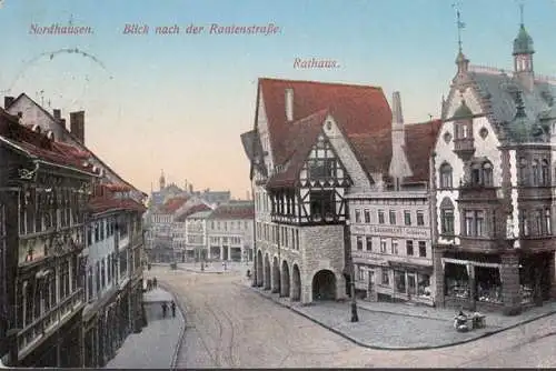 Nordhausen, Blick nach der Rautenstraße, Rathaus, Eggebrecht Goldwaren, gelaufen 1911