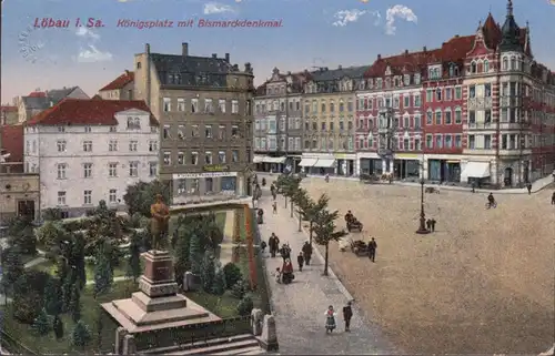 Löbau, Königsplatz mit Bismarckdenkmal, ungelaufen
