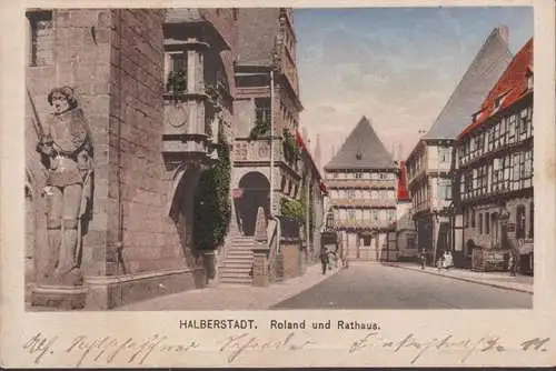 AK Halberstadt, Roland und Rathaus, gelaufen 1919