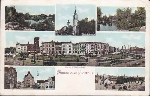 Gruß aus Cottbus, Kirche, Park, Branitz, Stadtpark, gelaufen 1909