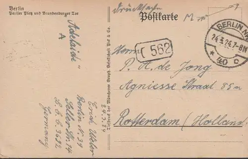Berlin, Berliner Platz und Brandenburger Tor, Mehrfachfrankatur, gelaufen 1924