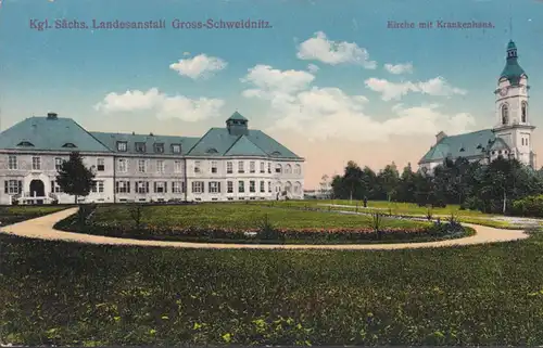 AK Großschweidnitz, Landesanstalt, Kirche mit Krankenhaus, ungelaufen- datiert 1916
