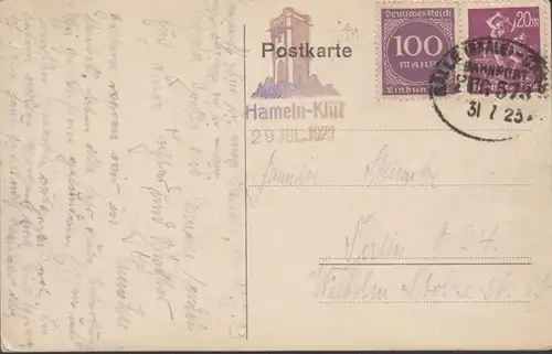 Gruss aus Hameln, Rattenfänger, Bahnpost, gelaufen 1923