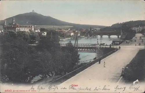 Olten, Panoramaansicht mit Brücke, gelaufen 1907