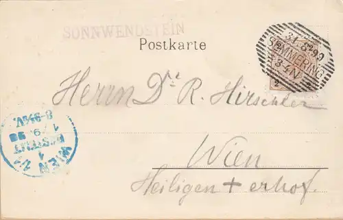 Grüsse vom Sonnwendstein, Friedrich Schiller Alpenhaus, gelaufen 1899