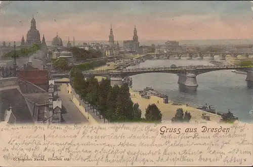 Gruss aus Dresden, Stadtansicht, Kirche, Brücke, gelaufen 1902