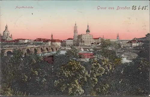 Dresden, Stadtansicht, Augustusbrücke, gelaufen 1905