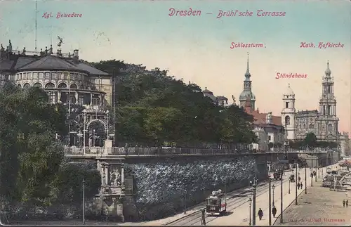 Dresden, Brühlsche Terrasse, Turm, Straßenbahn, gelaufen 1906