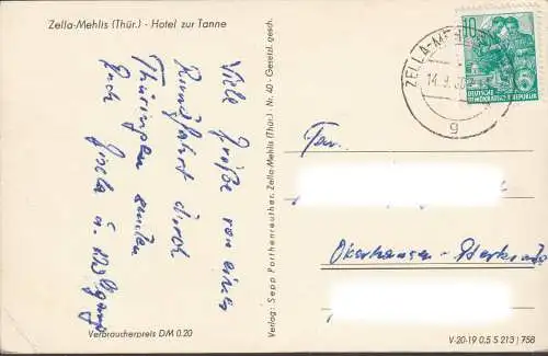 AK Zella Mehlis, Hotel Zur Tanne, Gästeraum, gelaufen 1960