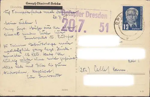 Dresden, Georgij Dimitroff Brücke, Stempel Dampfer Dresden, gelaufen 1951