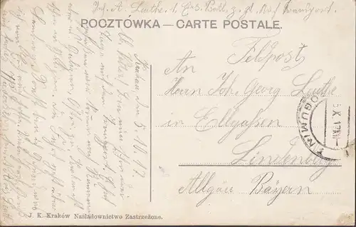 Cracovie, Tuchhalle et Tour de l'Hôtel de Ville, Poste de campagne, couru 1917
