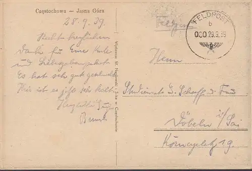 Czestochova, Jasna Gora, courrier de terrain, couru en 1939