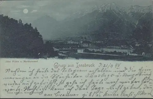 Gruss aus Innsbruck, Abtei Wilten, Martinswand, Mondschein, gelaufen 1898