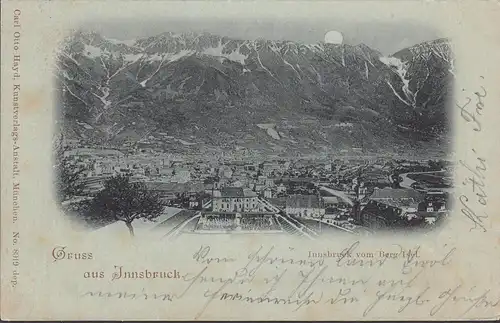 Gruss aus Innsbruck, Blick vom Berg Isel, Mondschein, gelaufen 1898