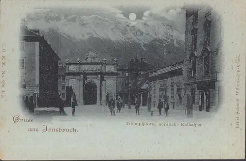 Gruss aus Innsbruck, Triumphpforte, nördliche Kalkalpen, Mondschein, ungelaufen