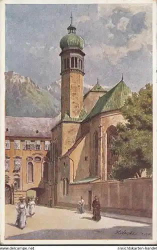 Innsbruck, Hofkirche, Künstler Karte, gelaufen