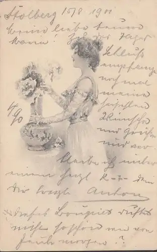 Frau mit Blumenvase, gelaufen 1901