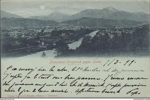 Innsbruck, Panorama gegen Norden, Mondschein, gelaufen 1899