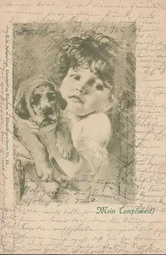 F.A. Ackermann, Mein Compliment, Kind und Hund, gelaufen 1898