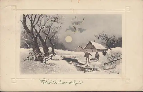 Frohes Weihnachtsfest, Verschneites Haus, Passepartout, gelaufen