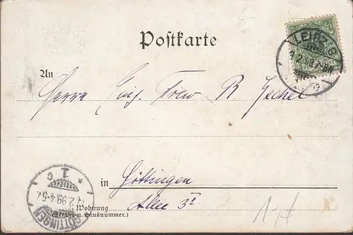 Gruss aus Leipzig, Liegende Frau im Kostüm, gelaufen 1898