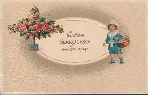 Herzlichen Glückwunsch zum Geburtstage, Kind mit Blumenkorb, Präge AK, ungelaufen