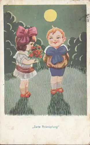 Zarte Anknüpfung, Mädchen mit Blumenstrauß, gelaufen 1913