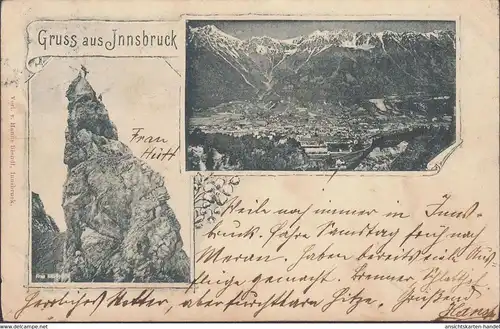 Gruss aus Innsbruck, Frau Hitt Gebirge, Panoramaansicht, gelaufen 1898