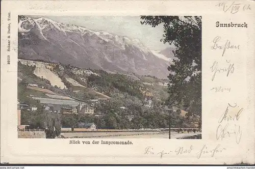 Innsbruck, Blick von der Innpromenade, Passepartout, gelaufen 1902