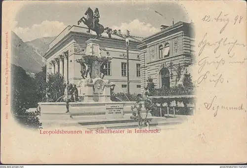 Innsbruck, Leopoldsbrunnen mit Stadttheater, gelaufen 1898