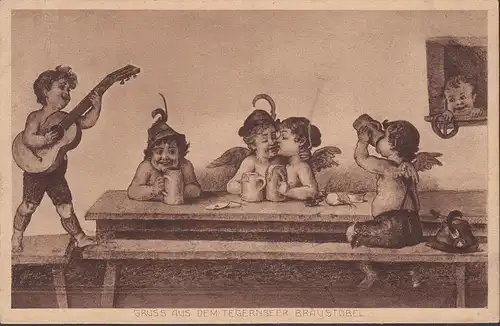 Gruß aus dem Tegernseer Bräustübel, Trinkende Engel, gelaufen 1929