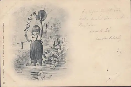 Kind steht im Wasser, L. Klement, gelaufen 1898