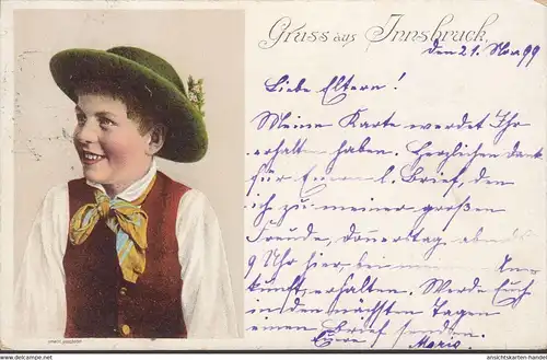 Gruss aus Innsbruck, Junge in Tracht, gelaufen 1899